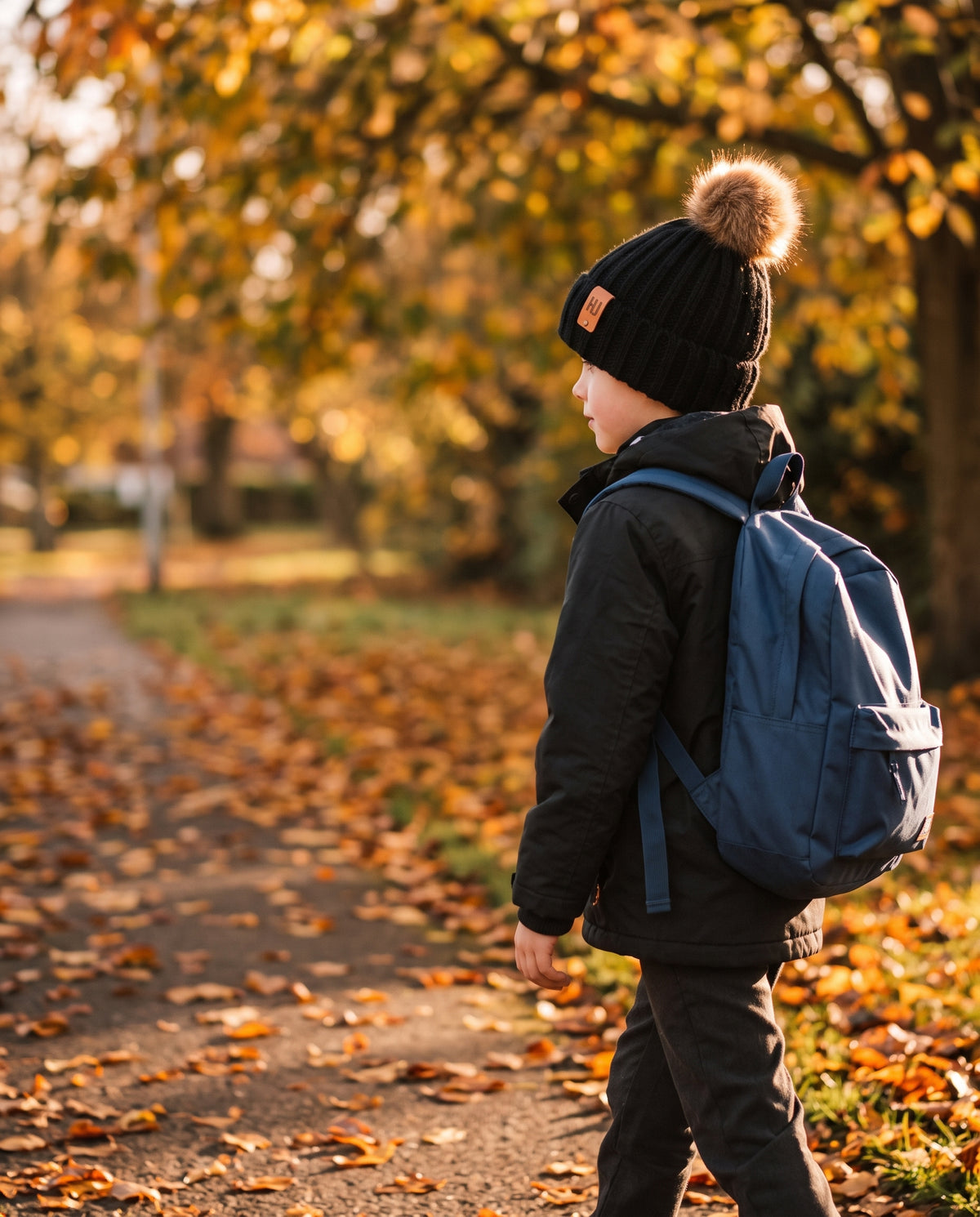 Pompom Beanie — Autumn Walk to School | Generated by Modelize