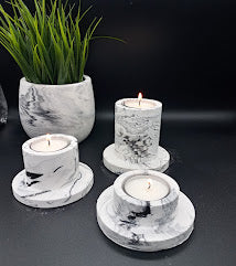 Lysestage 3 sammen - sort og hvidt marmor look - bykrums.dk - steypt