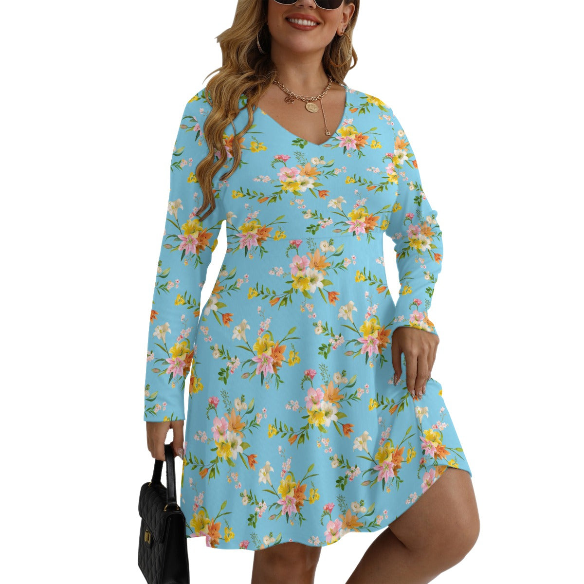 Women's V-neck Long Sleeve Dress(Plus Size)