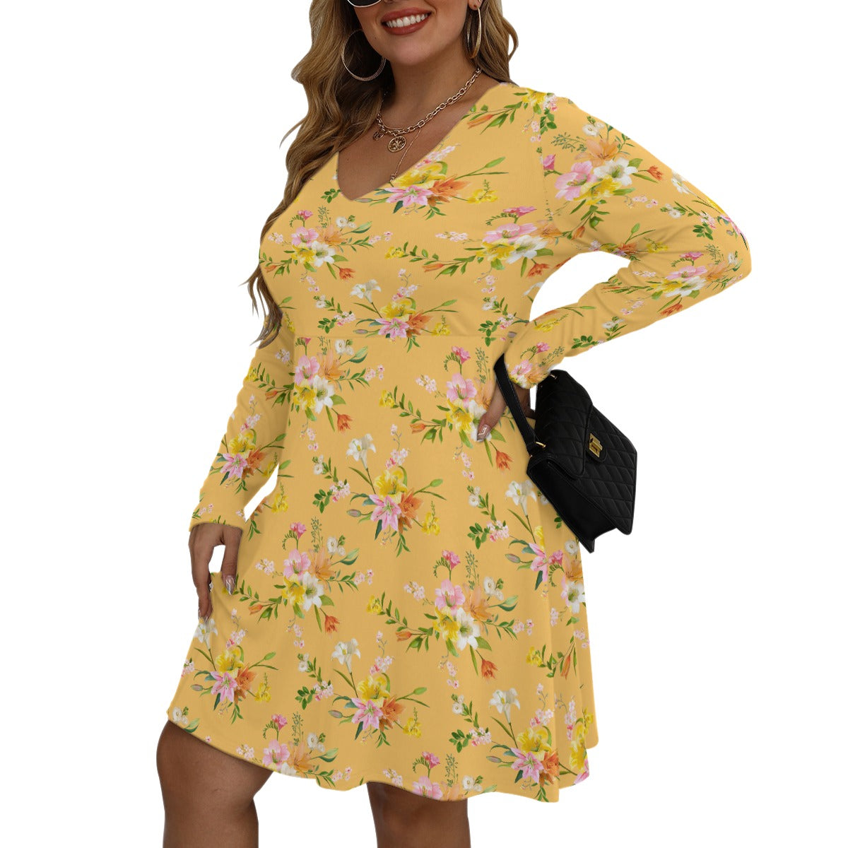 Women's V-neck Long Sleeve Dress(Plus Size)