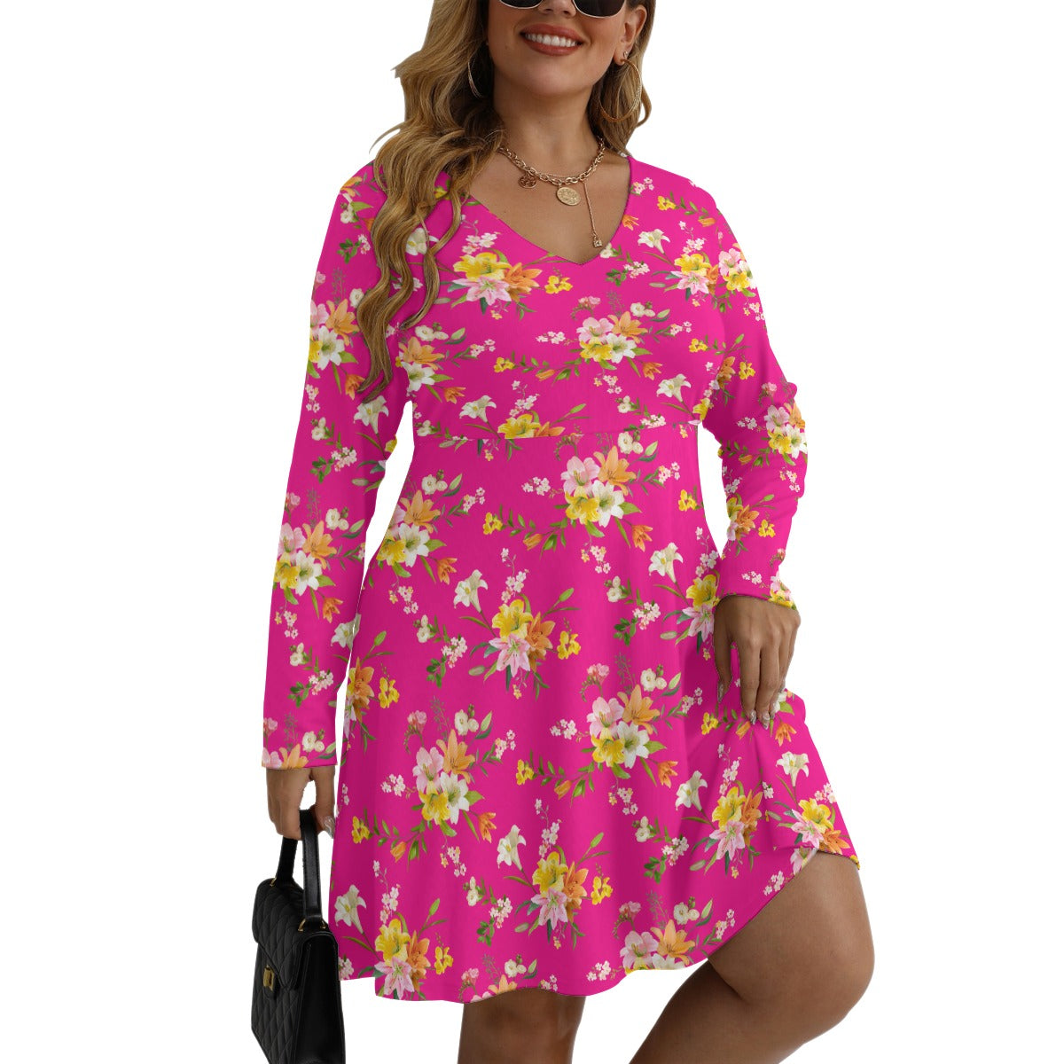 Women's V-neck Long Sleeve Dress(Plus Size)