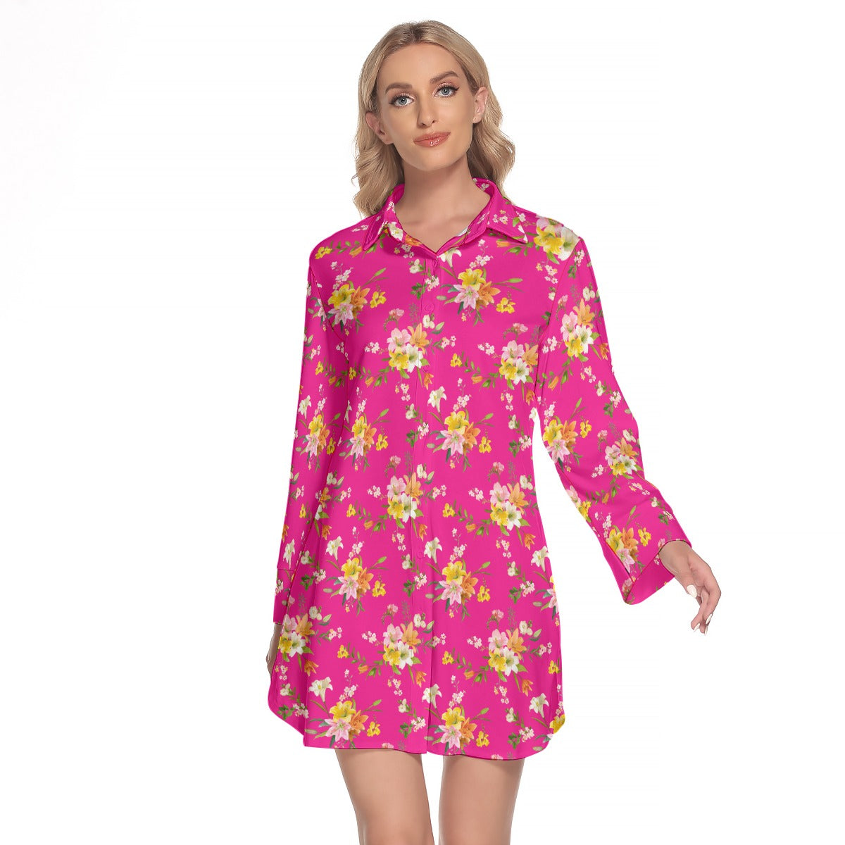 Women's Lapel Shirt Dress With Long Sleeve