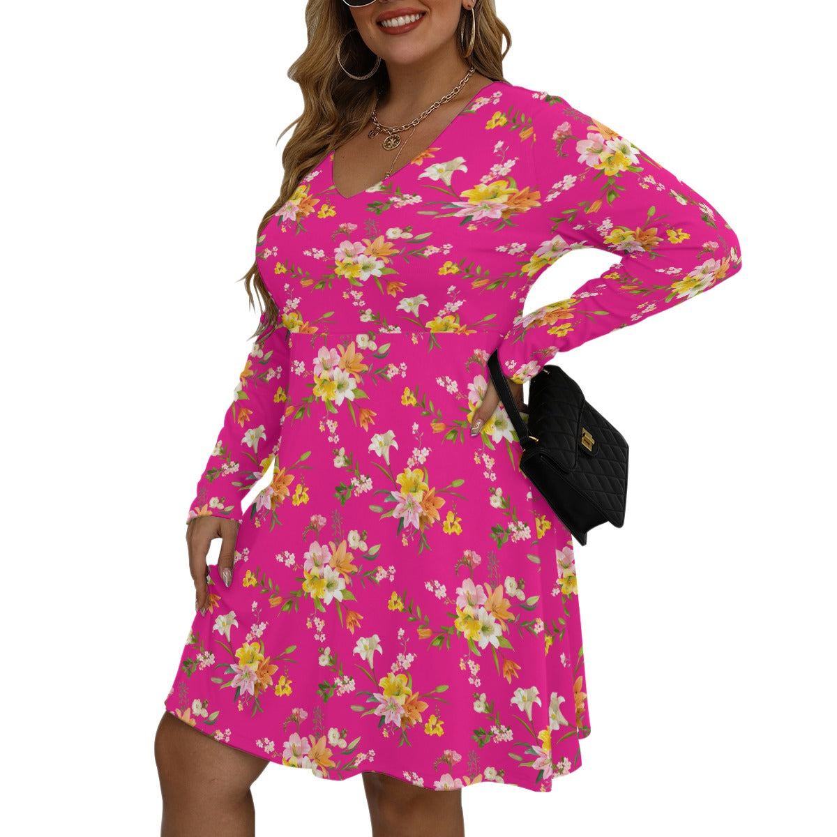 Women's V-neck Long Sleeve Dress(Plus Size)