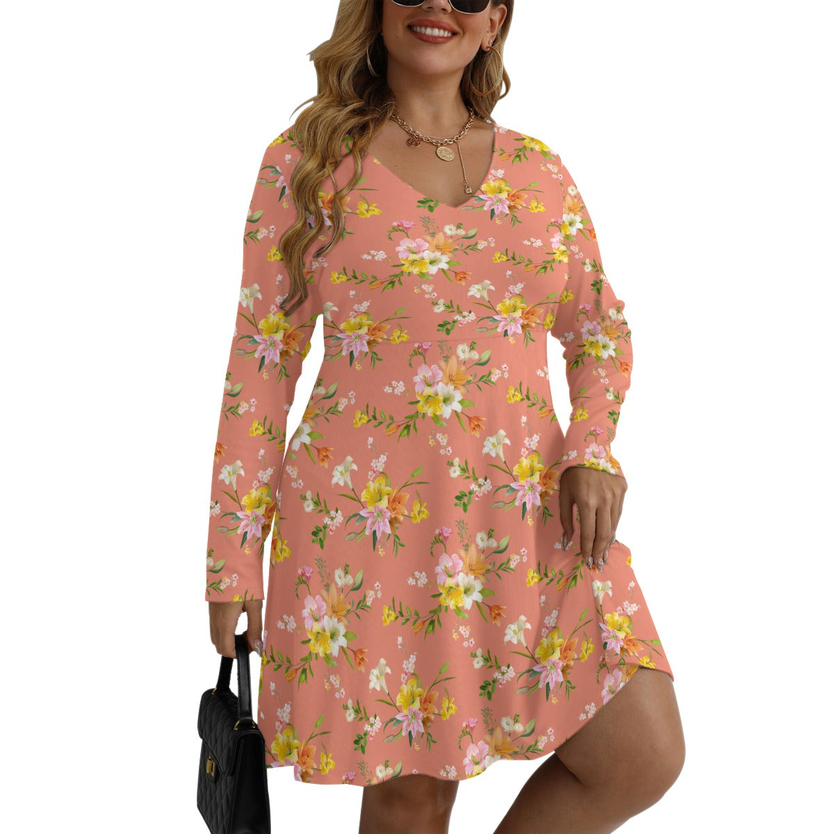 Women's V-neck Long Sleeve Dress(Plus Size)