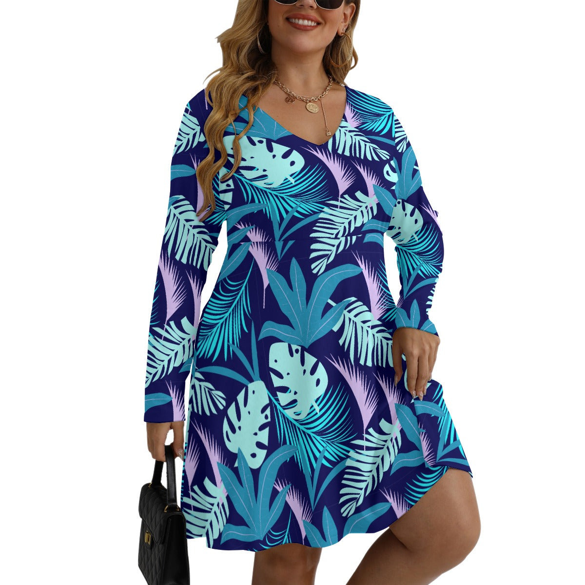 Women's V-neck Long Sleeve Dress(Plus Size)