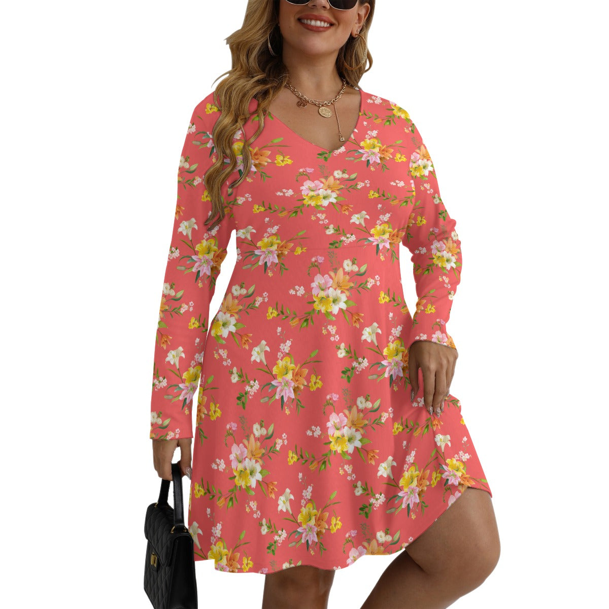 Women's V-neck Long Sleeve Dress(Plus Size)