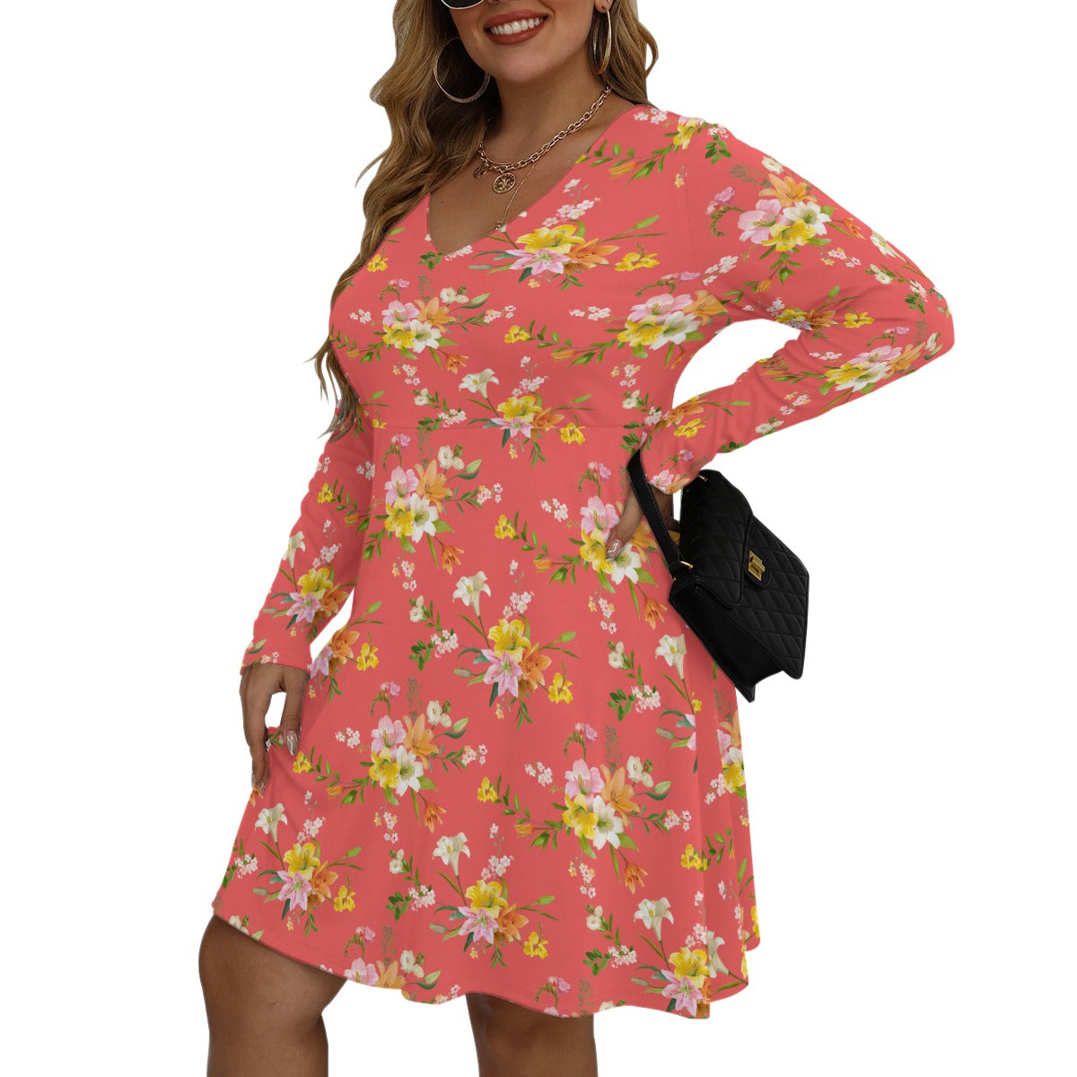 Women's V-neck Long Sleeve Dress(Plus Size)