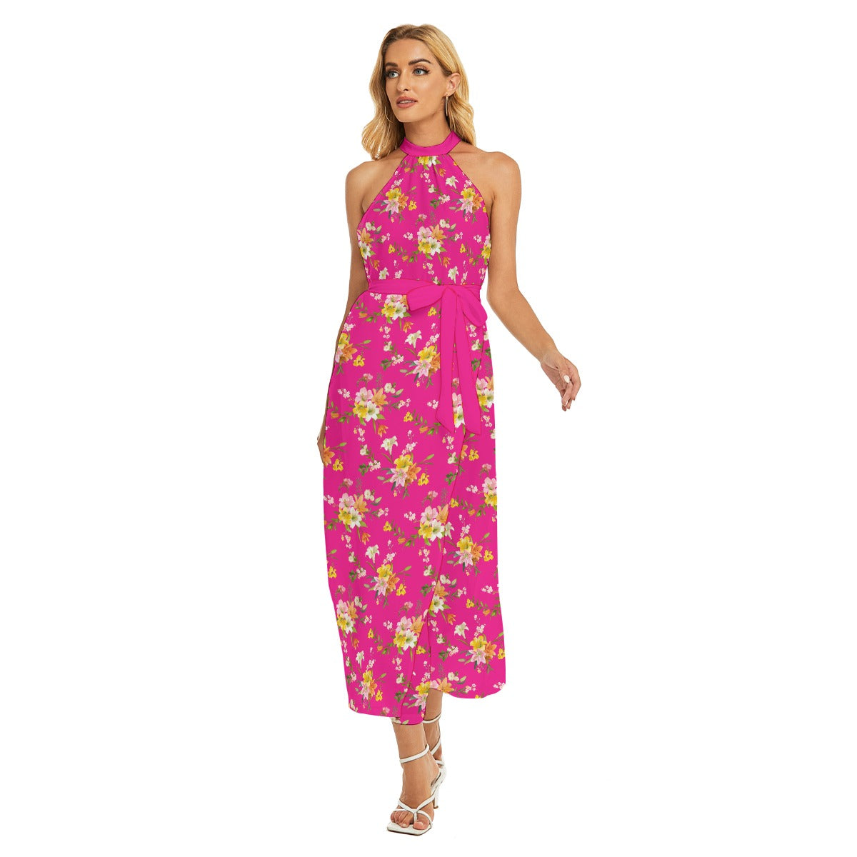 Pretty in Pink Collection - Women's Wrap Hem Belted Halter Dress