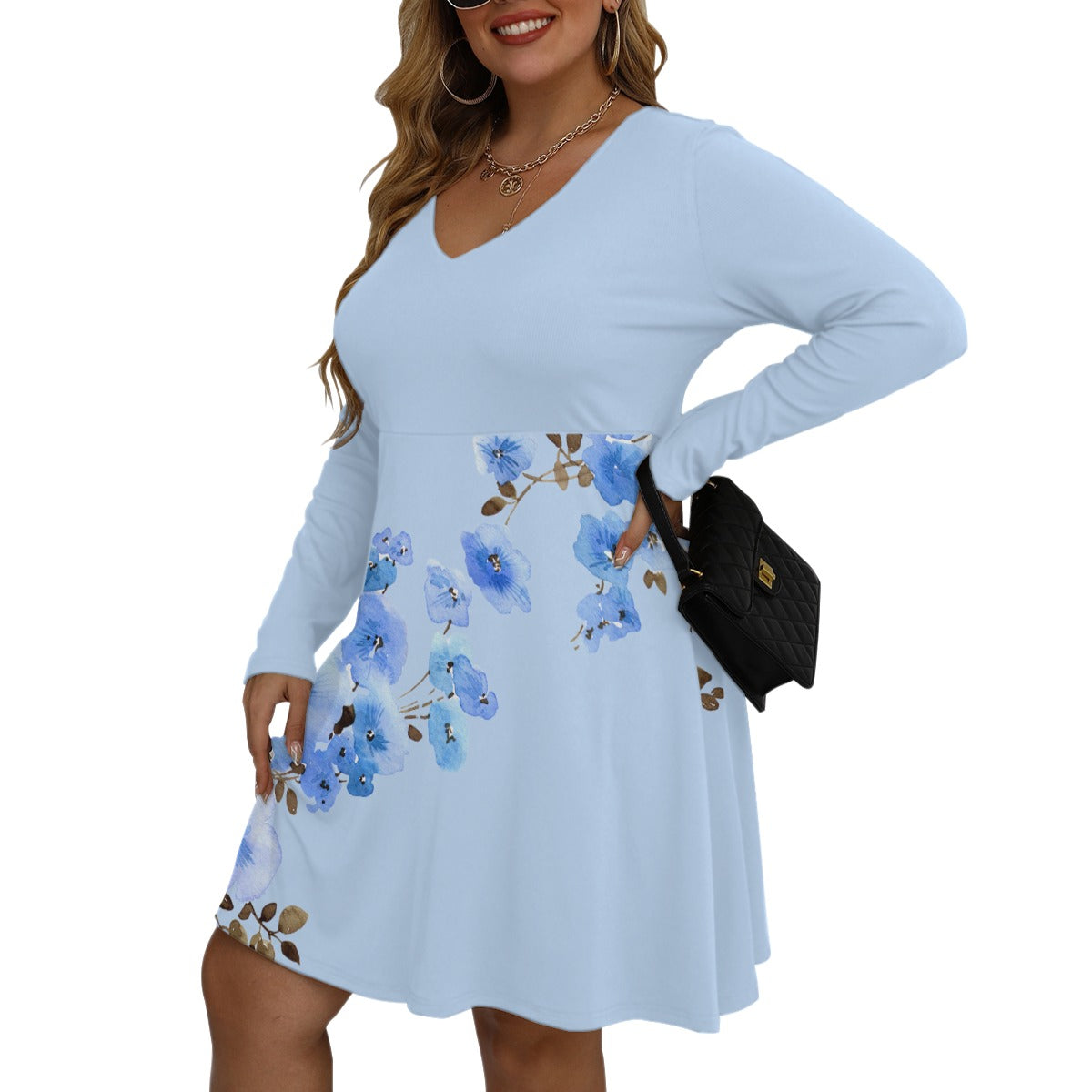 Women's V-neck Long Sleeve Dress(Plus Size)