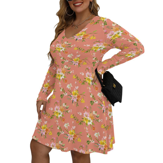 Women's V-neck Long Sleeve Dress(Plus Size)