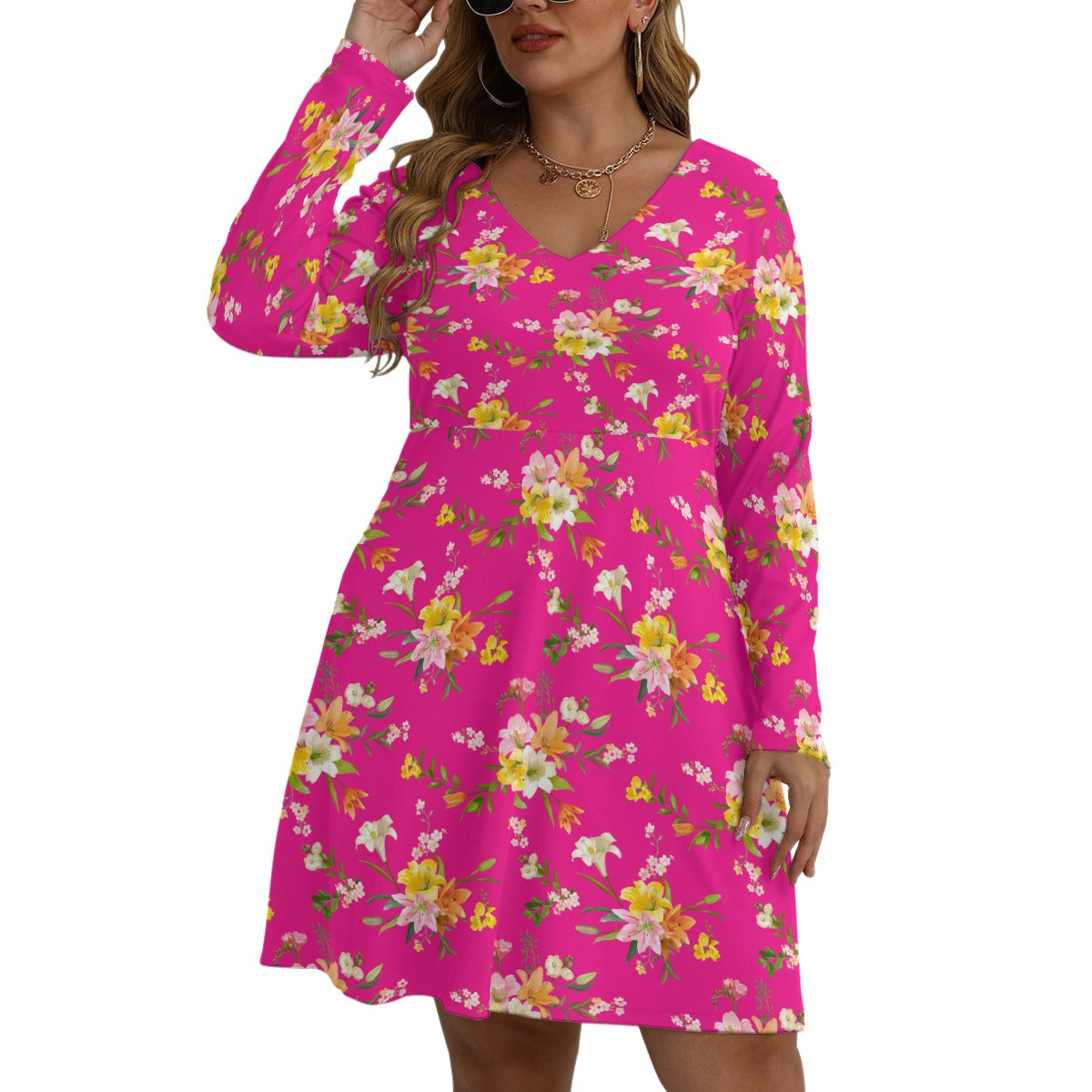 Women's V-neck Long Sleeve Dress(Plus Size)