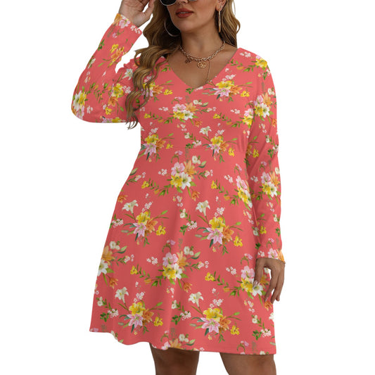 Women's V-neck Long Sleeve Dress(Plus Size)