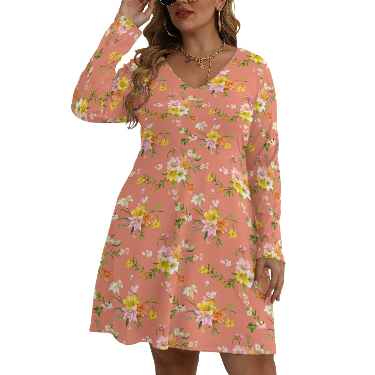 Women's V-neck Long Sleeve Dress(Plus Size)