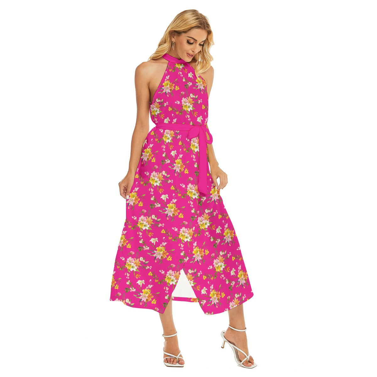 Pretty in Pink Collection - Women's Wrap Hem Belted Halter Dress