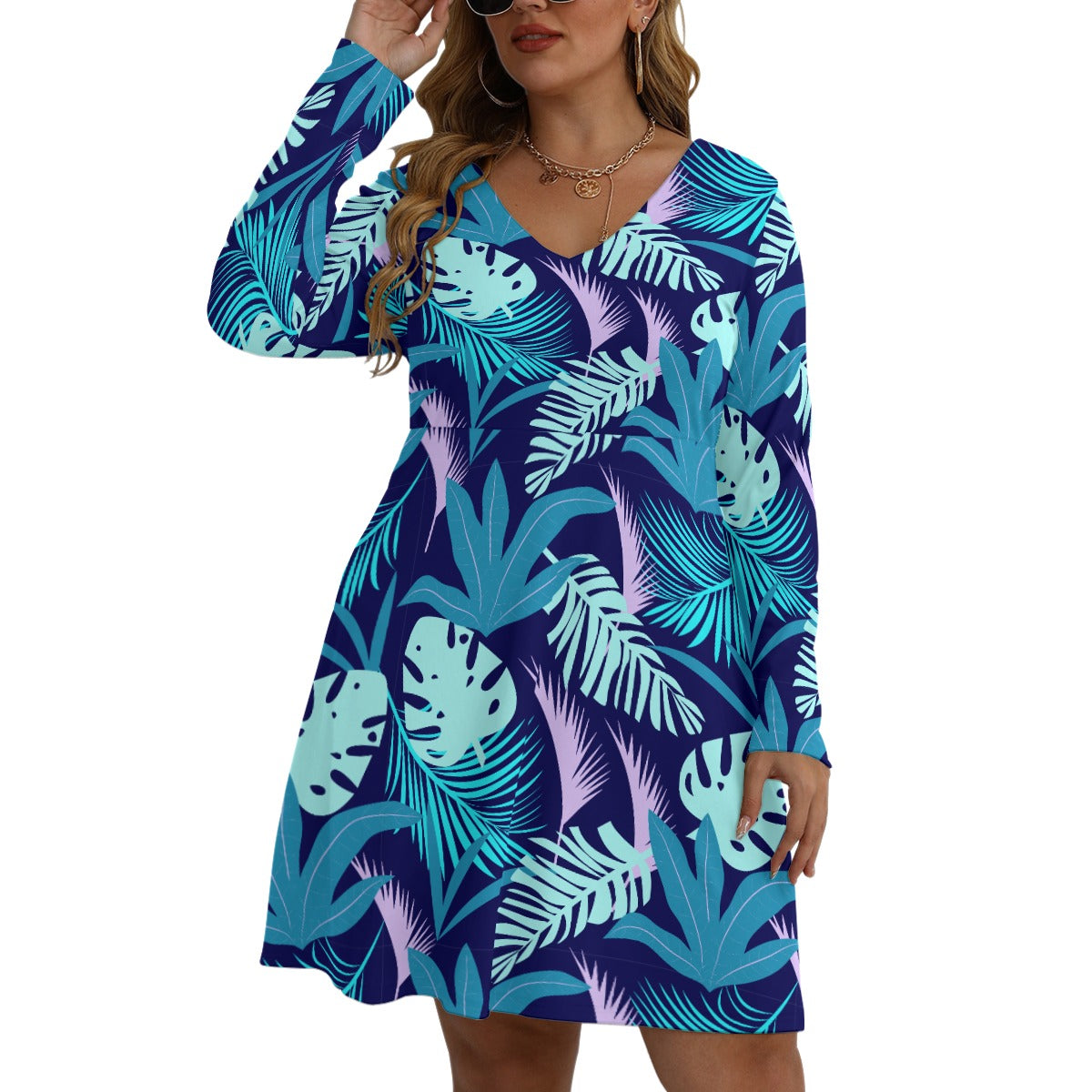 Women's V-neck Long Sleeve Dress(Plus Size)