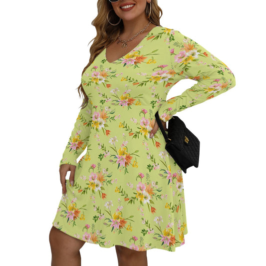 Women's V-neck Long Sleeve Dress(Plus Size)