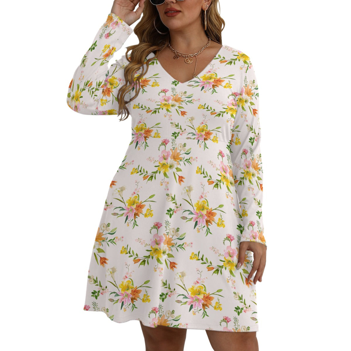 Women's V-neck Long Sleeve Dress(Plus Size)