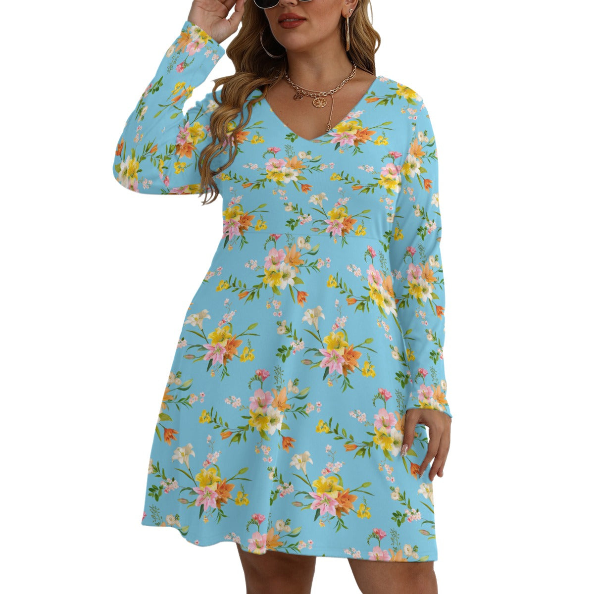 Women's V-neck Long Sleeve Dress(Plus Size)