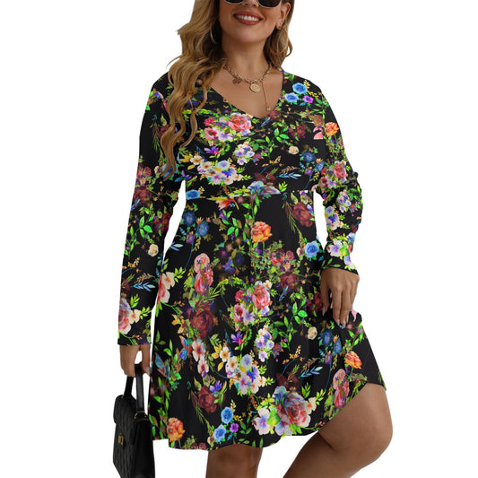 Women's V-neck Long Sleeve Dress(Plus Size)