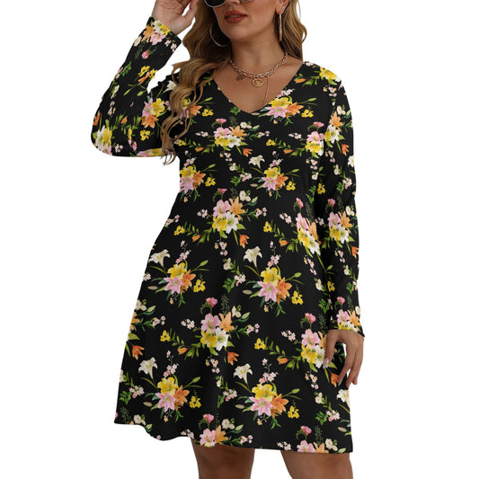 Women's V-neck Long Sleeve Dress(Plus Size)