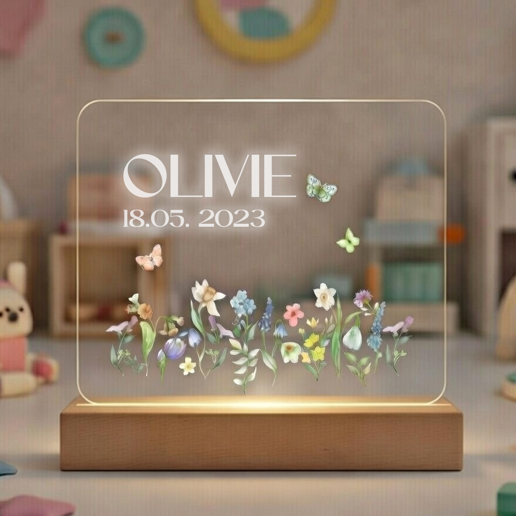 Personlig natlampe LED med Blomstertema - Dansk produceret - bykrums.dk