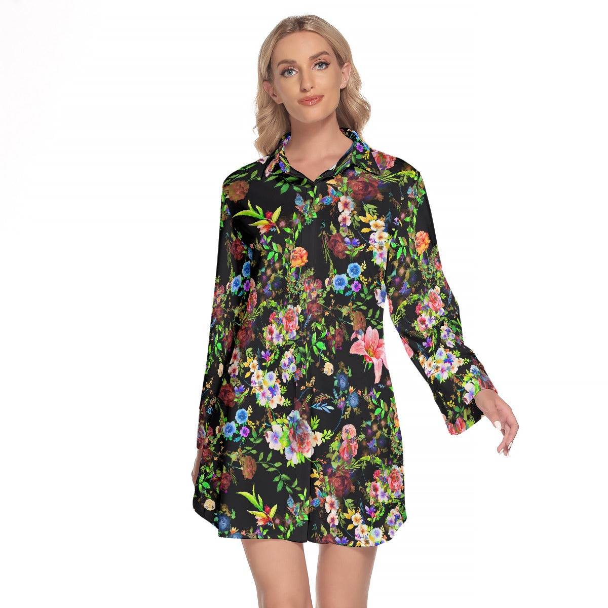 Women's Lapel Shirt Dress With Long Sleeve