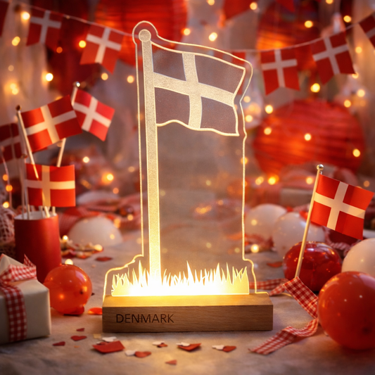 Dannebrog på LED lys fod -  Dansk produceret