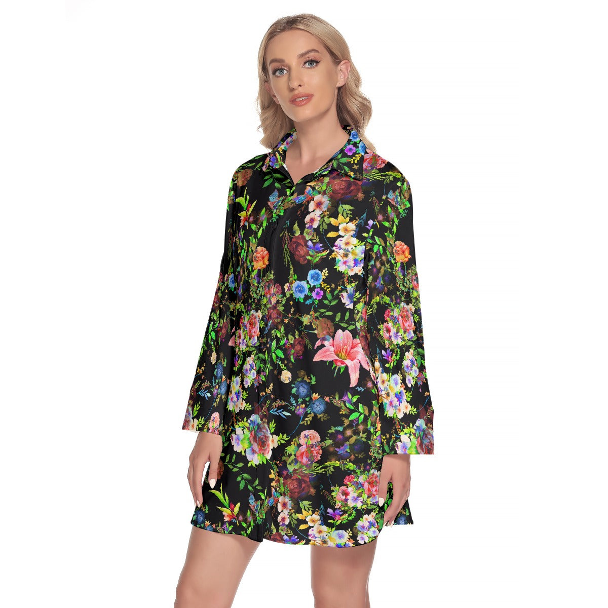 Women's Lapel Shirt Dress With Long Sleeve