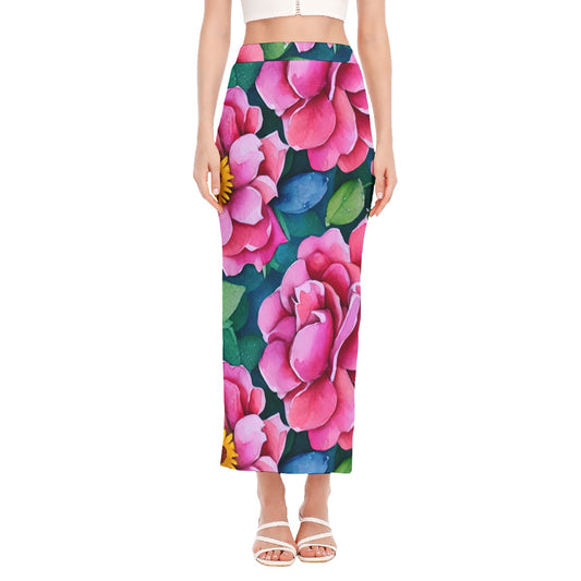 Women's Side Slit Skirt Big & Bold Rose Print