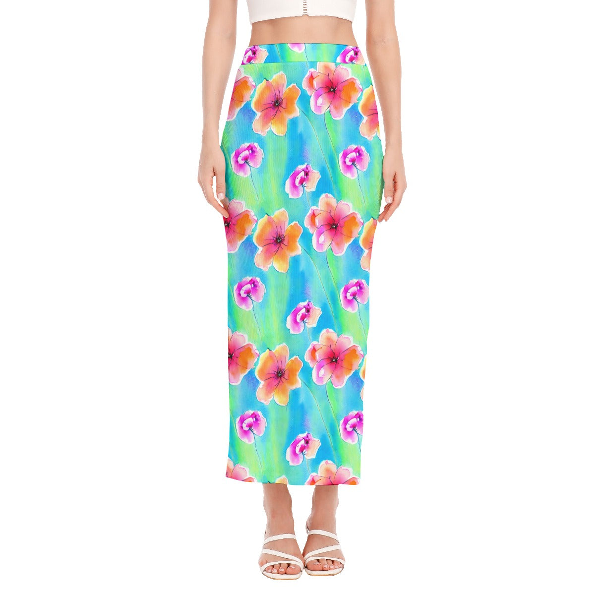 Women's Side Slit Skirt Flower Watercolor Print