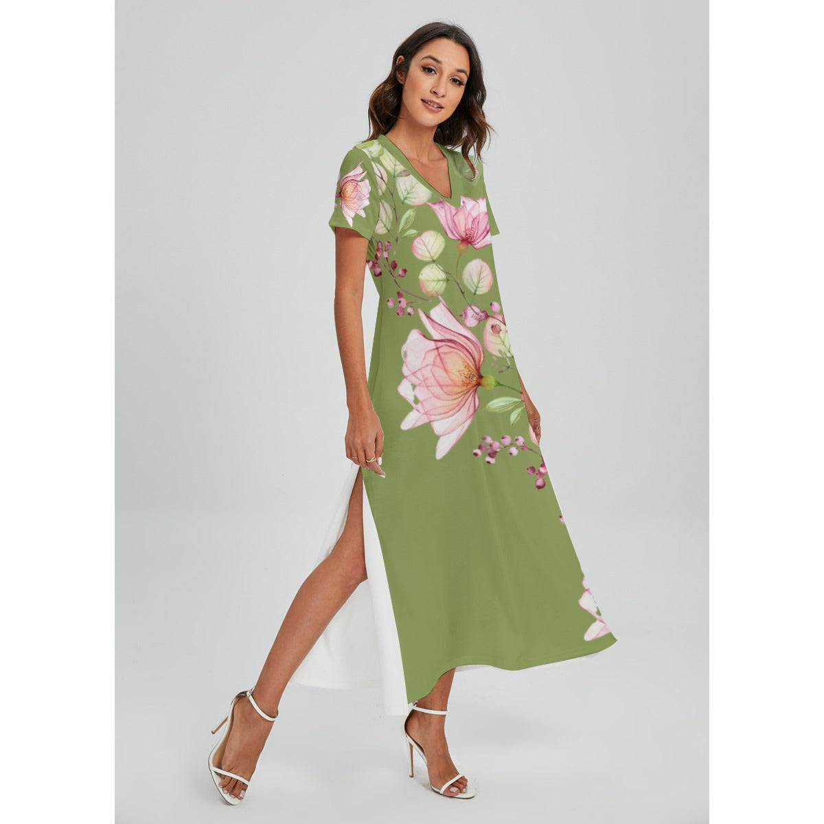 Betty Bright Collction - V-neck Dress With Side Slit