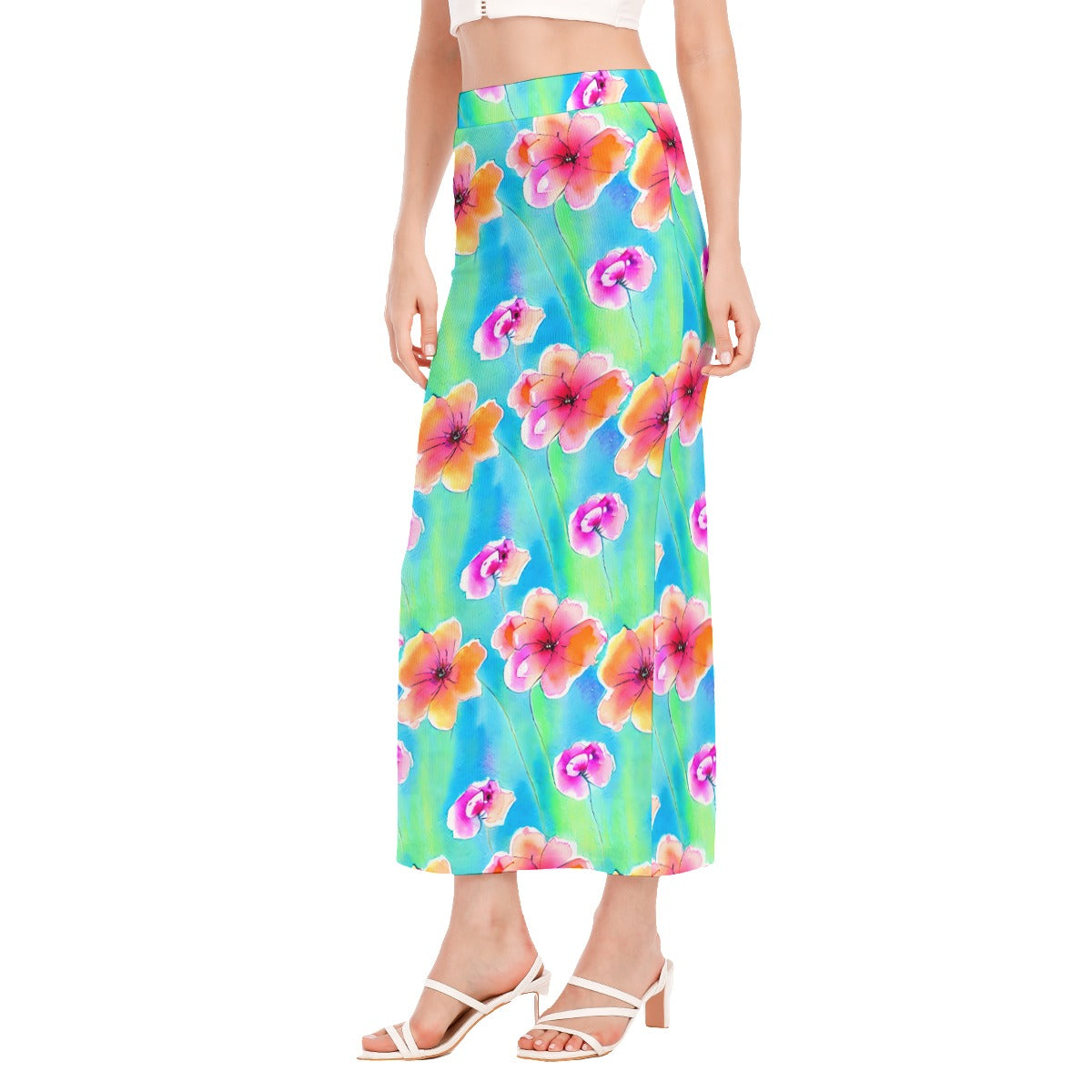 Women's Side Slit Skirt Flower Watercolor Print