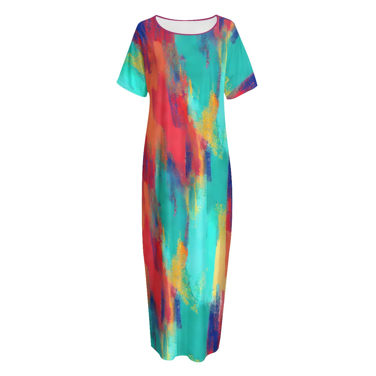 Women's Night Long Dress With Pocket - Colorful abstract print