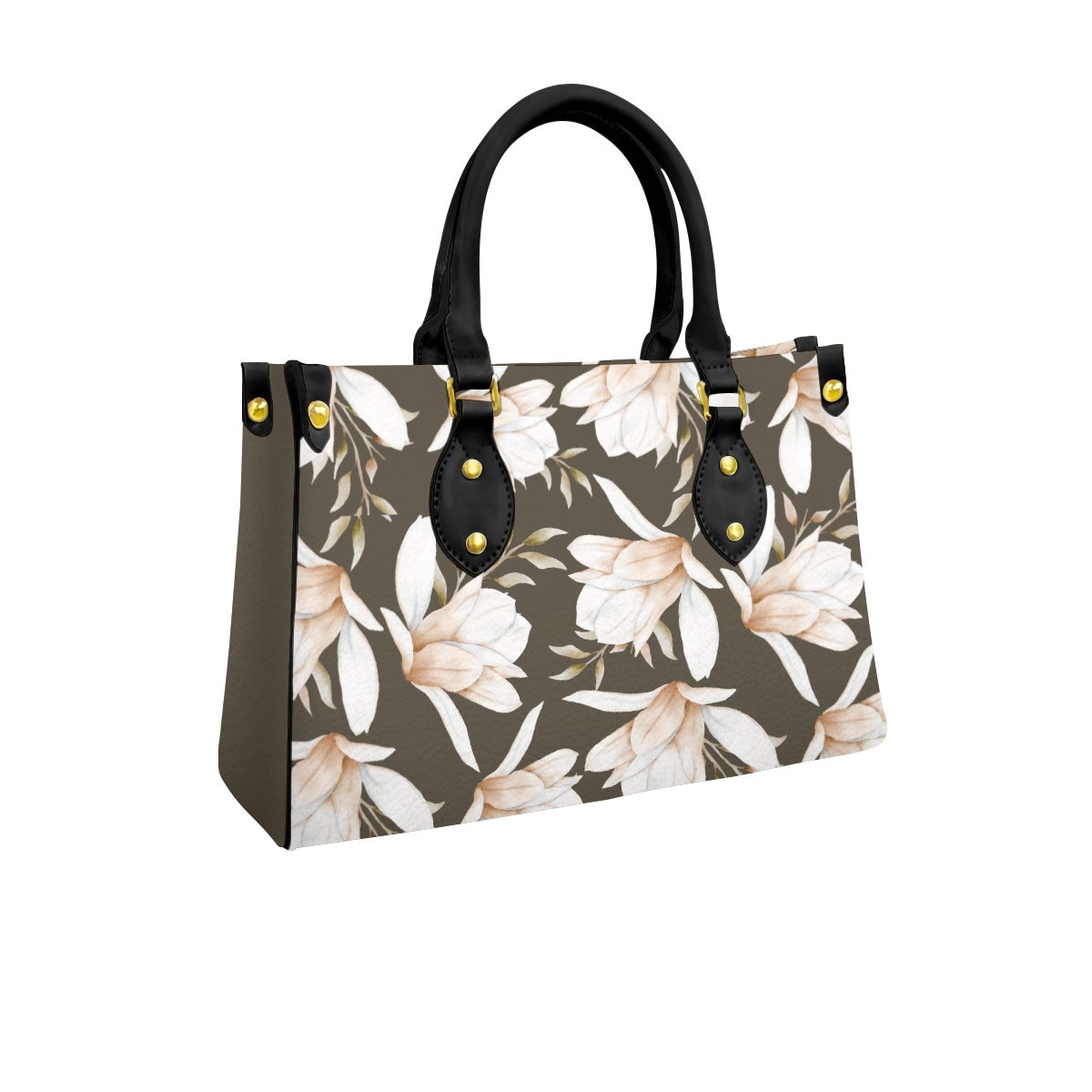 Women's Tote Bag With Black Handle brown background and off white flower pattern