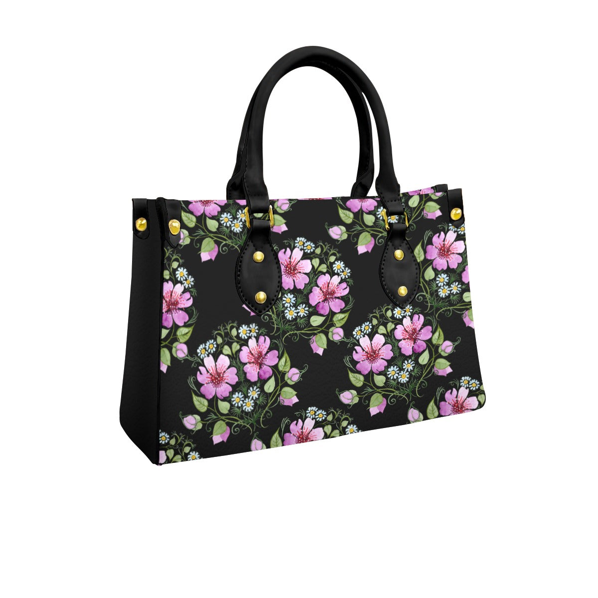 Women's Tote Bag With Black Handle  Pink Flower Clusters