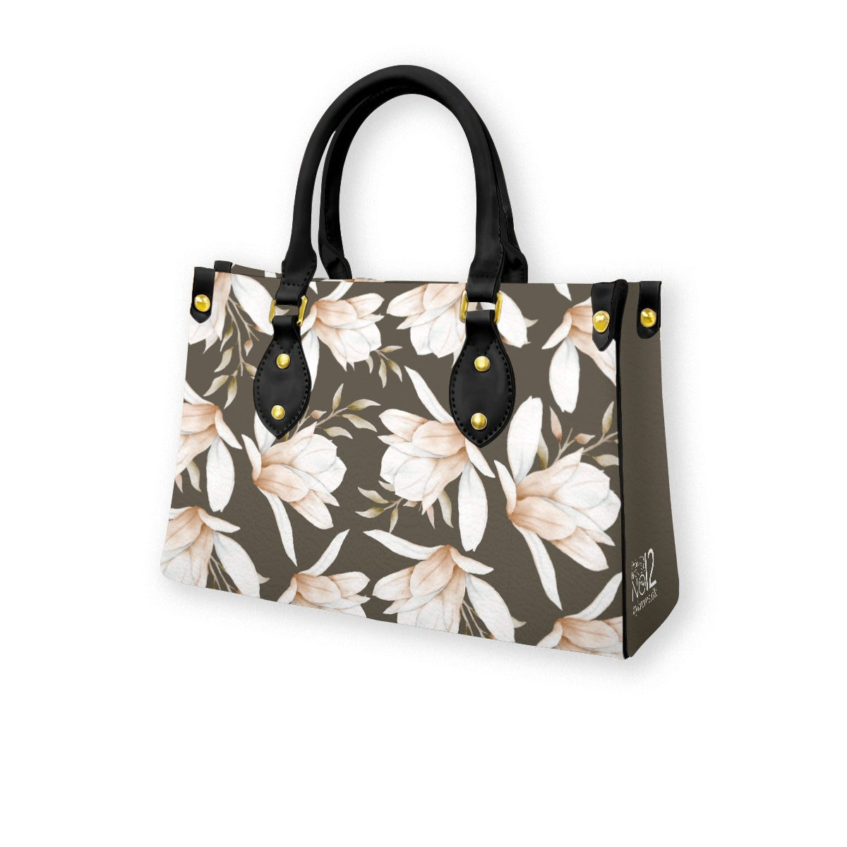 Women's Tote Bag With Black Handle brown background and off white flower pattern