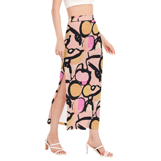Women's Side Slit Skirt Salmon & Black Print