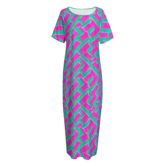 Women's Night Long Dress With Pocket - Pink & Green abstract print