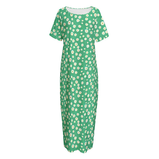 Women's Night Long Dress With Pocket - Margarita and Green print