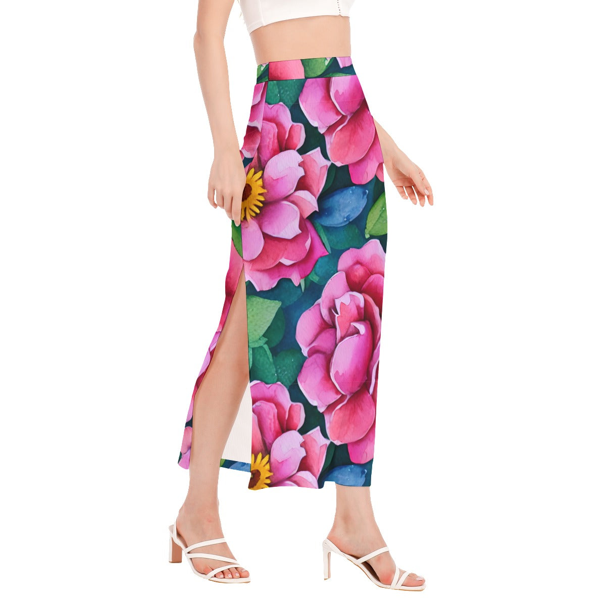 Women's Side Slit Skirt Big & Bold Rose Print