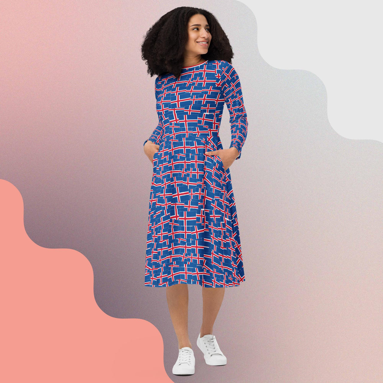 All-over print long sleeve midi dress