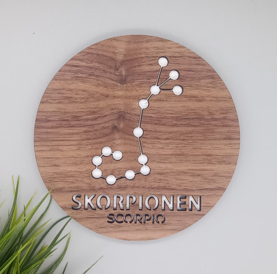 Stjernetegn platte - Valnød finer dekoration til væggen - bykrums.dk -